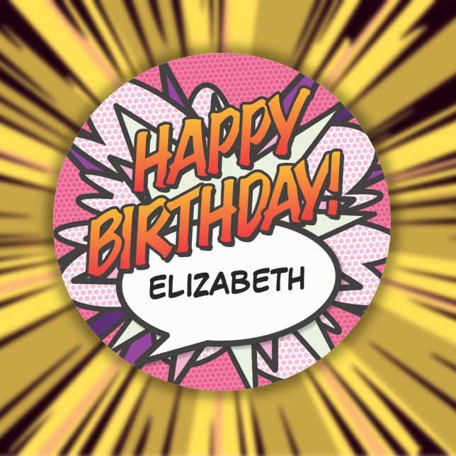 Sticker Rond BONJOUR D'ANNIVERSAIRE amusant Comique Livre rose (HAPPY BIRTHDAY Fun Comic Book Pink Classic Round Sticker)