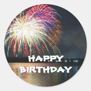 Sticker Rond BONJOUR D'ANNIVERSAIRE Feu d'artifice à la fête du
