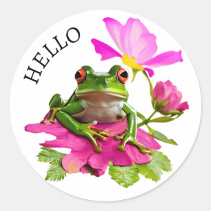Sticker Rond Bonjour ! Grenouille ou crapaud mignon sur des fle