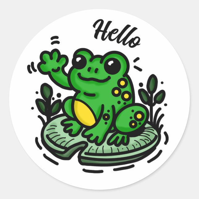 Sticker Rond Bonjour  | Grenouille sur la main Lily Pad tirée (Devant)