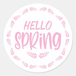 Sticker Rond Bonjour le printemps à feuille rose