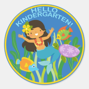 Sticker Rond Bonjour maternelle ! Petite sirène et poisson