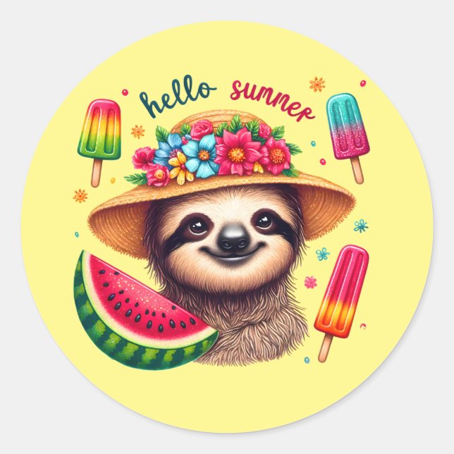 Sticker Rond Bonjour mignonne Été paresse (Devant)