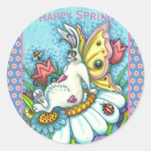STICKER ROND BONJOUR PRINTEMPS FLUTTERBUN RABBIT, FUNNY BUNNY F