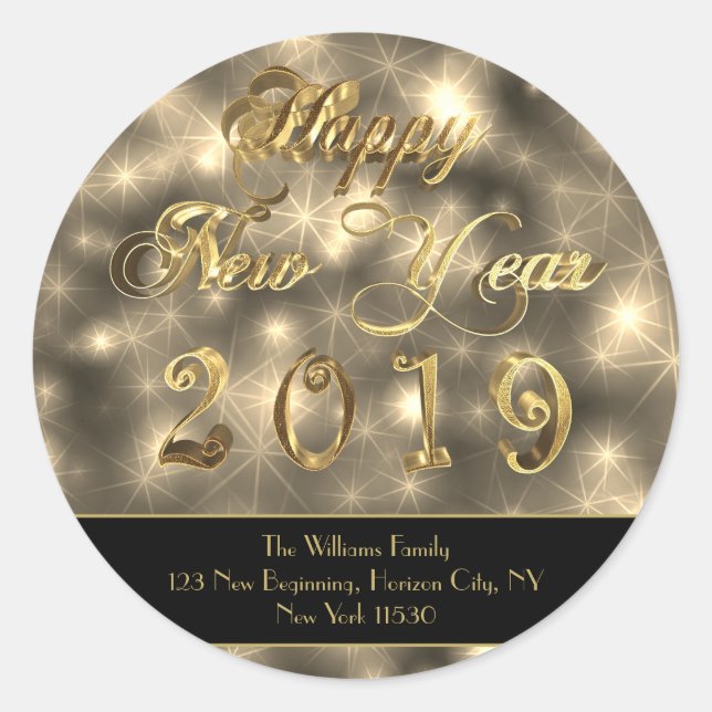 Sticker Rond Bonne année 2019 Elégant Black and Gold Stars (Devant)