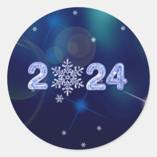 Sticker Rond Bonne année 2024. Numéros de glace et flocon de ne