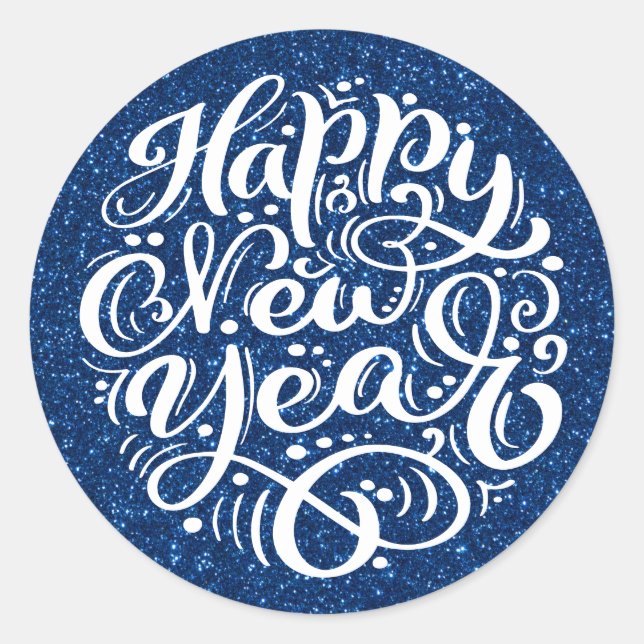 Sticker Rond Bonne Année Calligraphie Moderne Paillettes Bleues (Devant)