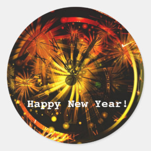 Sticker Rond Bonne année ! Feux d'artifice et horloge