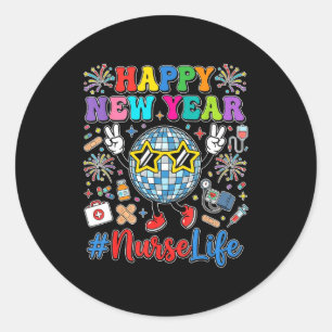 Sticker Rond Bonne année groovy 2026 Infirmière Vie Boule Disco