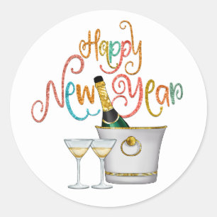 Sticker Rond Bonne année Multicolor Texte Parties scintillant C
