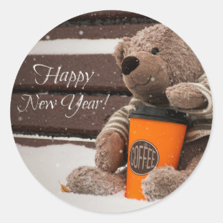 Sticker Rond Bonne année. Ours en peluche.