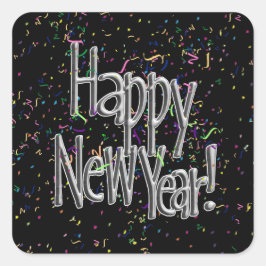 Sticker Rond Bonne année - Texte argenté avec Confetti noir