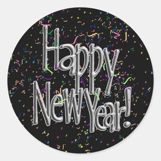 Sticker Rond Bonne année - Texte argenté avec Confetti noir (Devant)