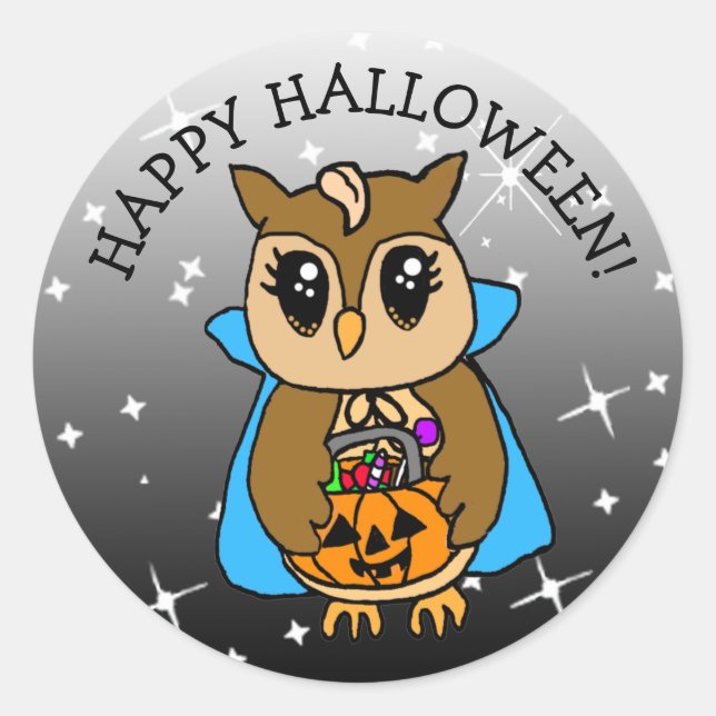 Sticker Rond Bonne Halloween chouette Whimsical Owl avec bonbon (Devant)