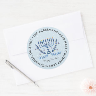 Sticker Rond Bonne Hanoukka Menorah Lights Adresse de retour