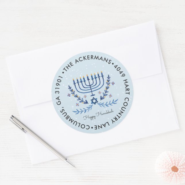 Sticker Rond Bonne Hanoukka | Menorah Lights Adresse de retour (Enveloppe)