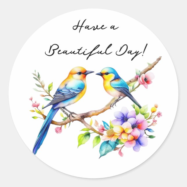 Sticker Rond Bonne journée | Aquarelle Oiseaux et fleurs (Devant)
