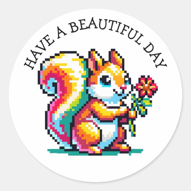 Sticker Rond Bonne journée | Pixel Art Squirrel (Devant)