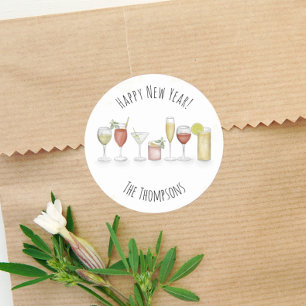 Sticker Rond Bonne Nouvel An Aquarelle Cute Cocktail Boissons