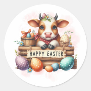 Sticker Rond Bonne vache de Pâques et oeufs