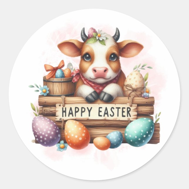 Sticker Rond Bonne vache de Pâques et oeufs (Devant)