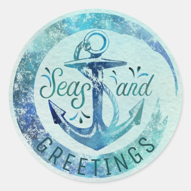 Sticker Rond "Bonnes Fêtes" nautiques, Vague aquarelle (Devant)