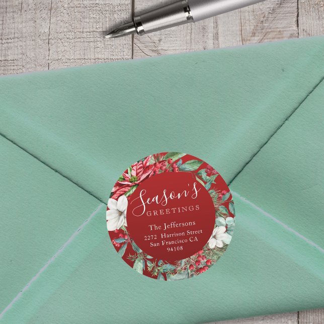 Sticker Rond Bonnes Fêtes Noël rouge (Season's Greetings Red Christmas Classic Round Sticker
)