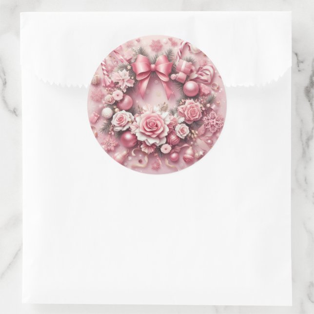 Sticker Rond Bons de Noël rose magnifique couronne fleuris (Sac)