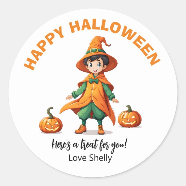 Sticker Rond Boo ! Happy Halloween convivial fantôme & chat (Devant)