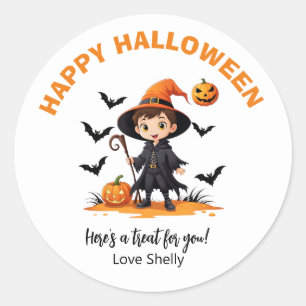 Sticker Rond Boo ! Happy Halloween convivial fantôme & chat