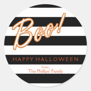 Sticker Rond BOO Orange Halloween Noir Blanc rayé