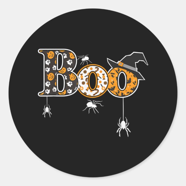 Sticker Rond Boo With Spiders And Witch Hat Halloween (Devant)
