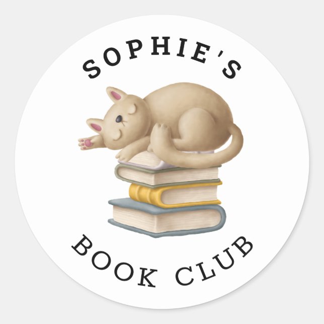 Sticker Rond Book Club Name Cute Cat Books Caricature (Devant)