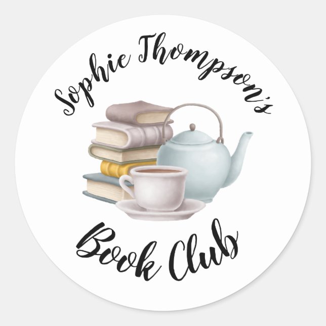 Sticker Rond Book Club Nom Tea Pot Coupe Livres Script (Devant)