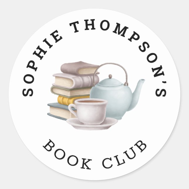Sticker Rond Book Club Nom Tea Pot Cup Livres Illustration (Devant)
