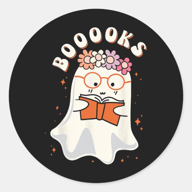 Sticker Rond Boooks Groovy Cute Ghost Book Retro Reading (Devant)