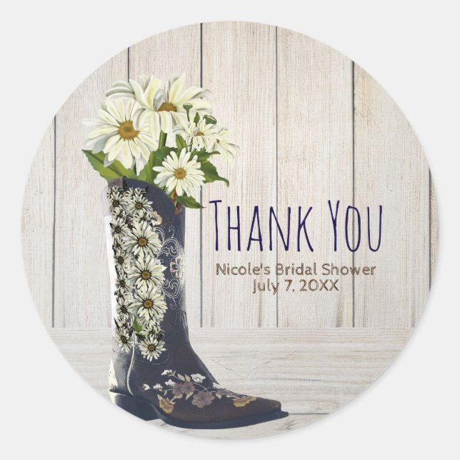 Sticker Rond Boot rustique avec Fête des mariées de marguerites (Devant)