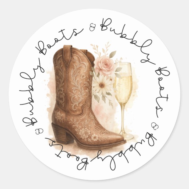 Sticker Rond Boots & Bubbly Country Western Boot Fête des marié (Devant)