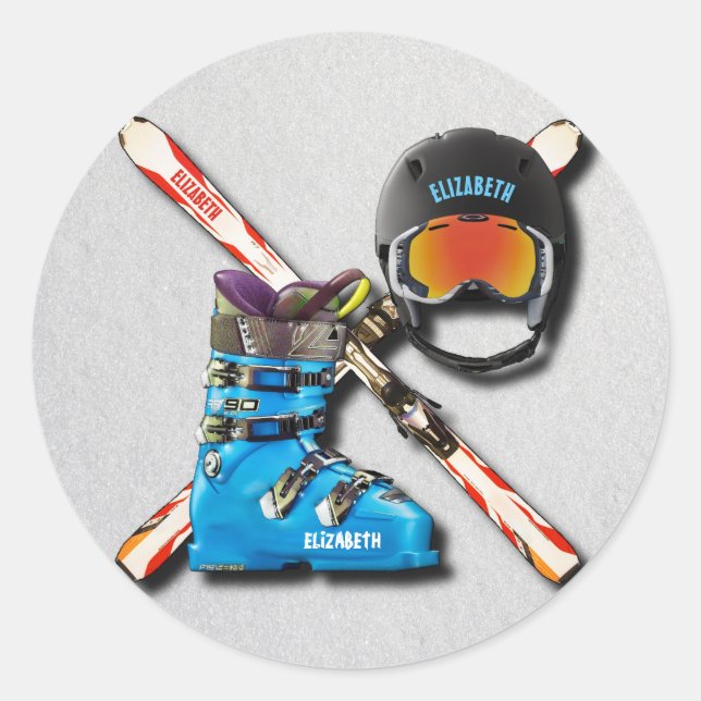 Sticker Rond Boots De Ski Alpin Casque Googles Avec Votre Nom (Devant)