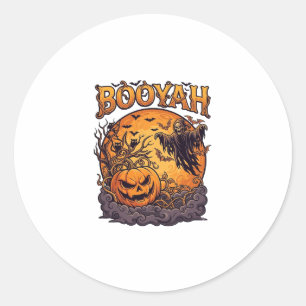 Sticker Rond Booyah Halloween Citrouille Faucheuse Lune Orange_
