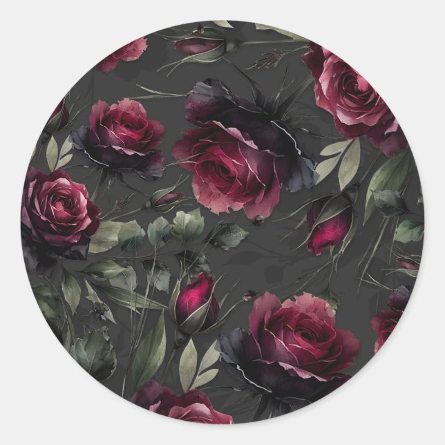 Sticker Rond Bordeaux Red Roses Shadowy Grey Floral Mariage (Devant)