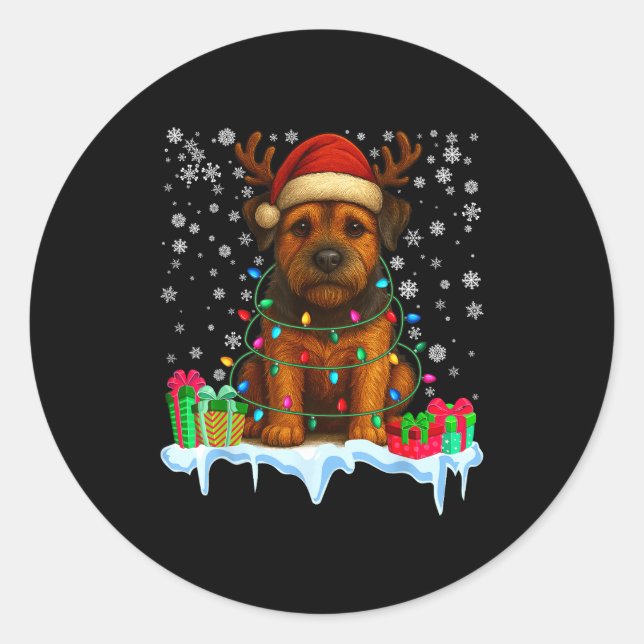 Sticker Rond Border Terrier Christmas Santa Hat Reindeer Pajama (Devant)