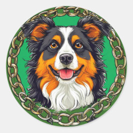 Sticker Rond Bordure collie chien sur un arrière - plan vert av