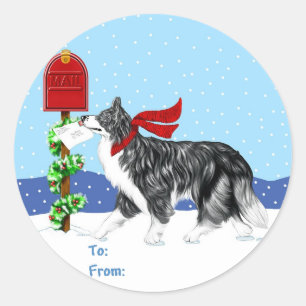 Sticker Rond Bordure de Noël Collie Mail Tags cadeaux
