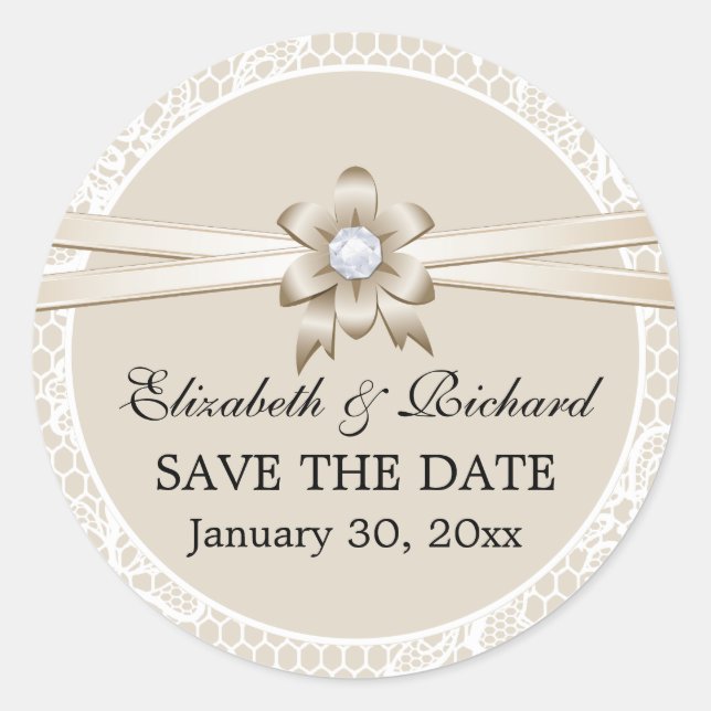 Sticker Rond Bordure dentelle, mariage beige ruban Enregistrer  (Devant)