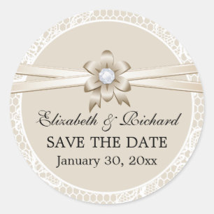 Sticker Rond Bordure dentelle, mariage beige ruban Enregistrer 