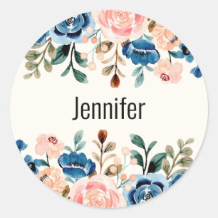 Sticker Rond Bordure des fleurs d'aquarelle rose et bleu