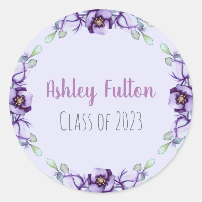 Sticker Rond bordure fleurie pourpre - classe de 2023 (Devant)