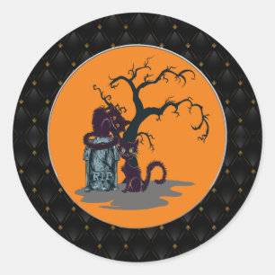 Sticker Rond Bordure noire Chats noirs Tombstone Tree Halloween