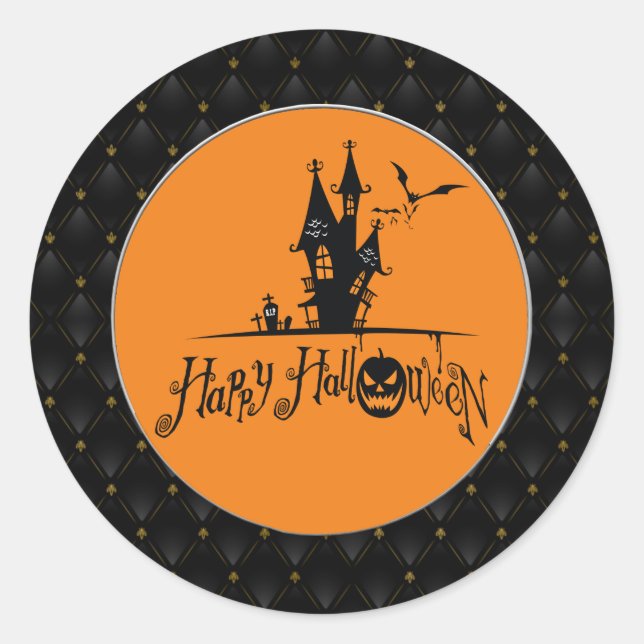 Sticker Rond Bordure noire Happy Halloween Maison hantée (Devant)